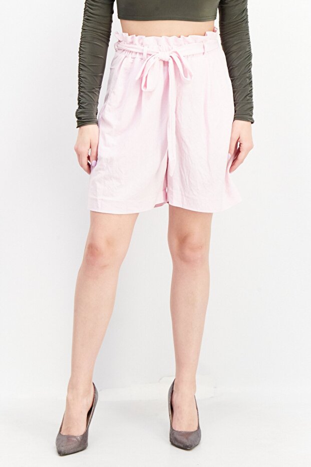 Women Solid Paperbag Waist Shorts, Pink