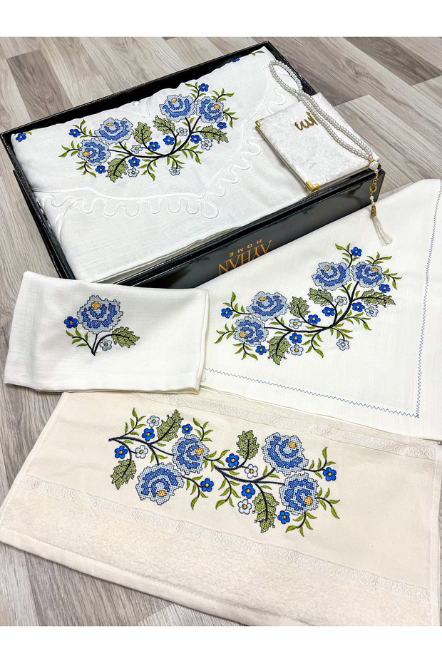 6 Piece Etamin Embroidered Boxed Prayer Rug Set Dowry Bundle Bride Groom Prayer Rug Set