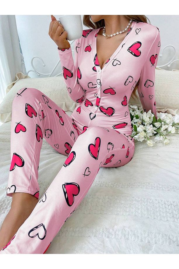 Siyah kalp desenli uzun pijama tulum - 1