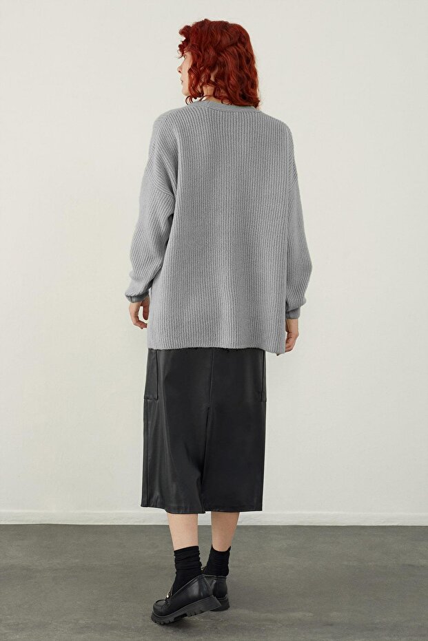 Gray V-Neck Basic Knitwear Sweater - 4