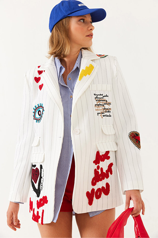 Women's White Embroidery Detailed Blazer Jacket 4016 60251829