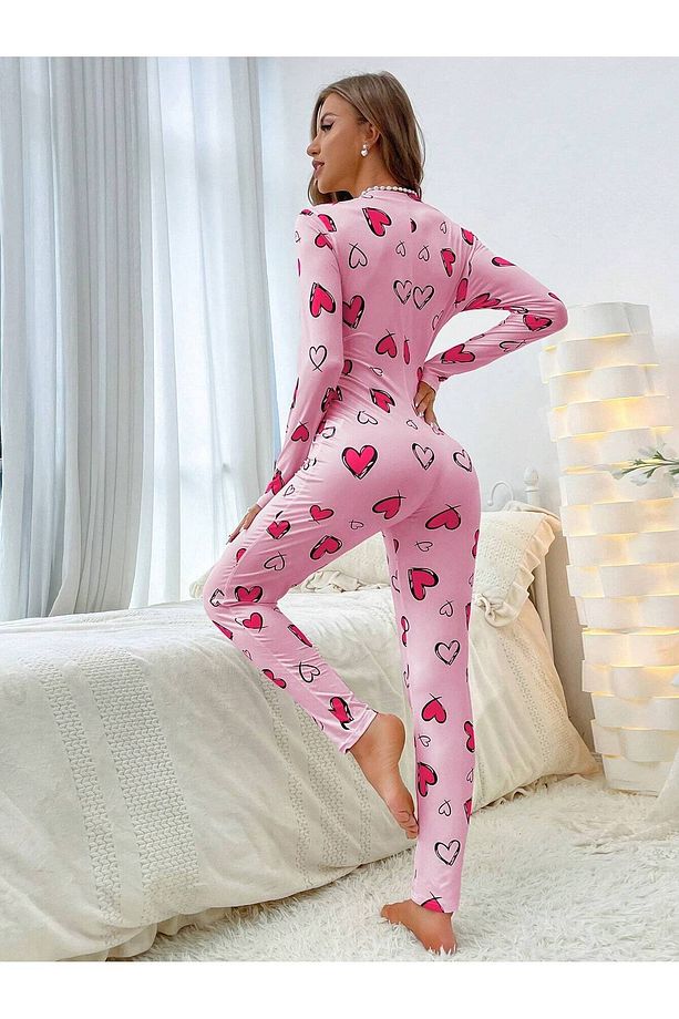 Siyah kalp desenli uzun pijama tulum - 3