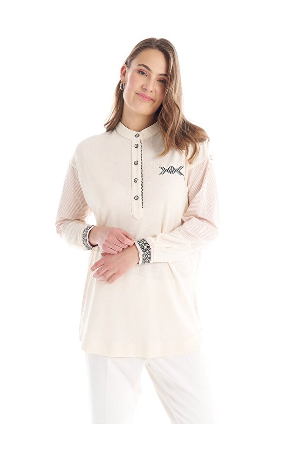 Kumaş Mixli Nakışlı Tunik Ekru - 4