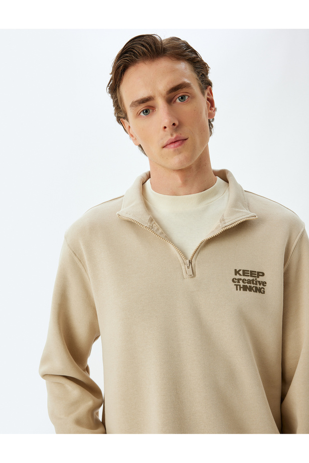 Slogan Printed Sweatshirt with Half Zipper, Shaded Cotton Blend