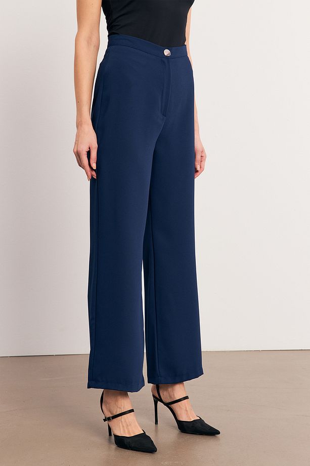 Yüksek Bel Geniş Paça Pantolon - İndigo - 3