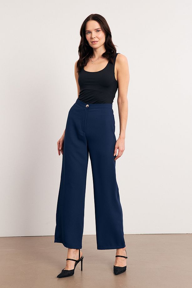Yüksek Bel Geniş Paça Pantolon - İndigo - 4