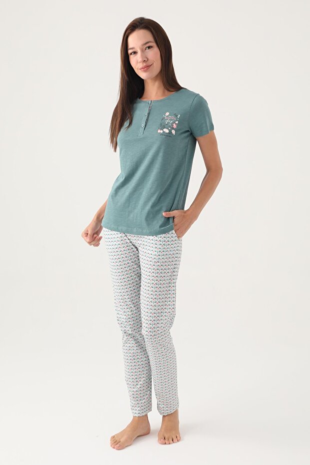 2882 Cotton Short Sleeve Plaid Women's Pajama Set Green