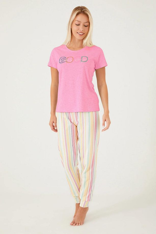 Good Vibes Only Pembe Kadın Kısa Kol Pijama Takım - 2
