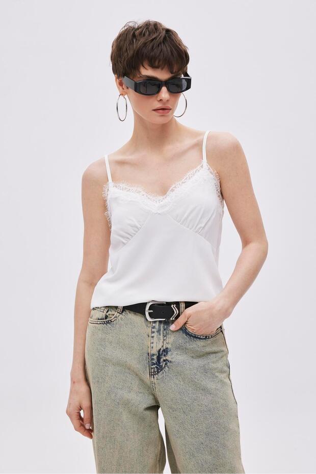 White Satin Look Thin Strap Blouse