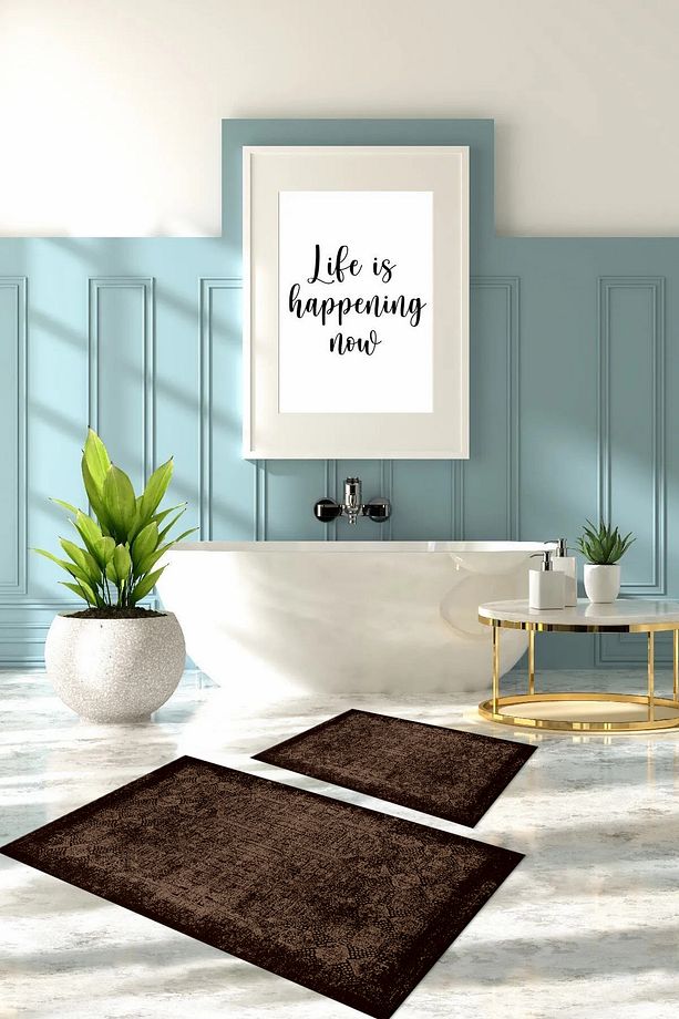 Dijital Baskılı Yıkanabilir Kaymaz Klasik Model Banyo Paspası Klozet Takımı, KLOZET-94-KAHVE, - 8
