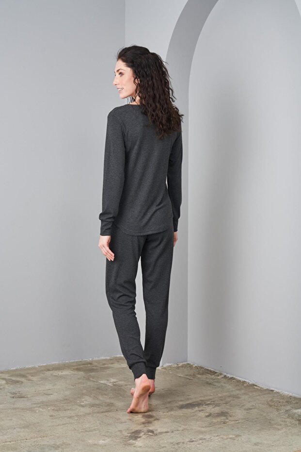 24591 Antrasit Kadın Yumoş Pijama Takımı - 4