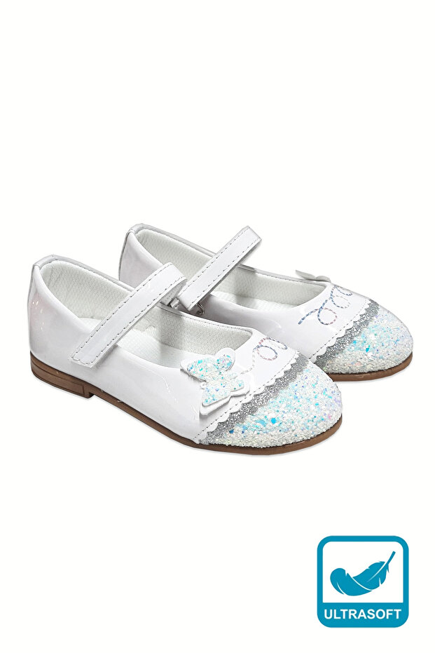 White Patent Leather Glittery Butterfly Soft Children's Ballerinas