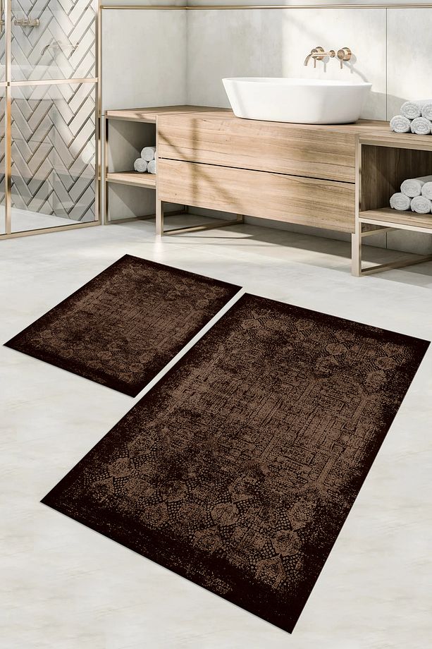 Dijital Baskılı Yıkanabilir Kaymaz Klasik Model Banyo Paspası Klozet Takımı, KLOZET-94-KAHVE, - 2