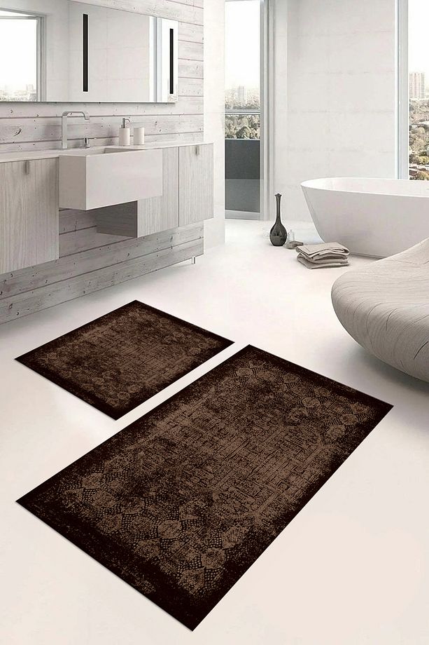 Dijital Baskılı Yıkanabilir Kaymaz Klasik Model Banyo Paspası Klozet Takımı, KLOZET-94-KAHVE, - 4