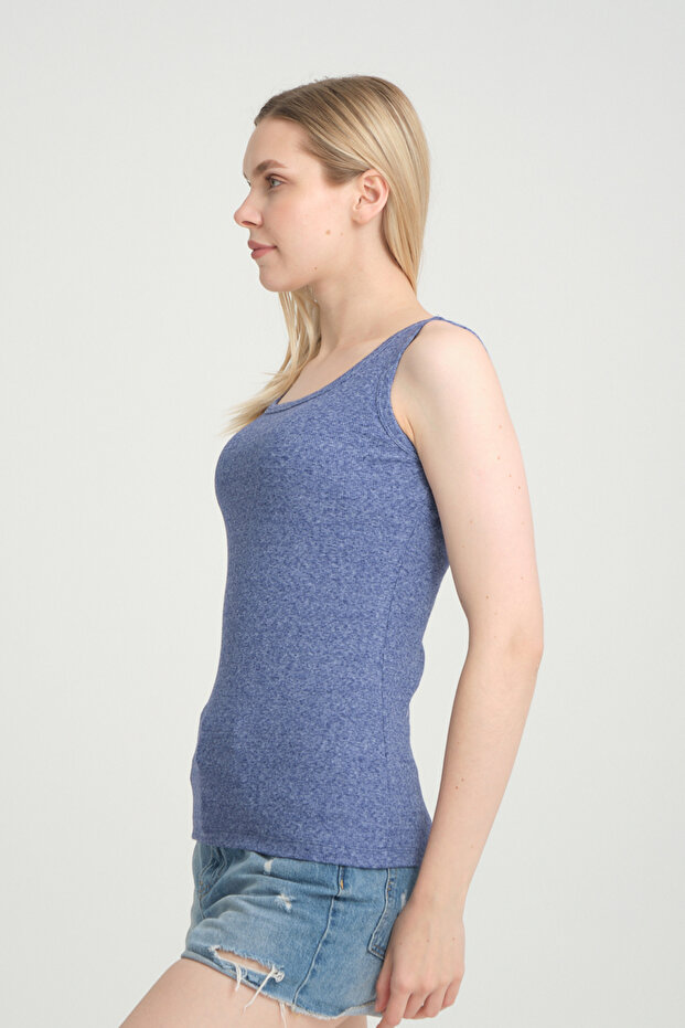 Fitted Vücuda Oturan Fitilli Kalın Askılı Basic Örme Atlet Mavi_melanj - 8