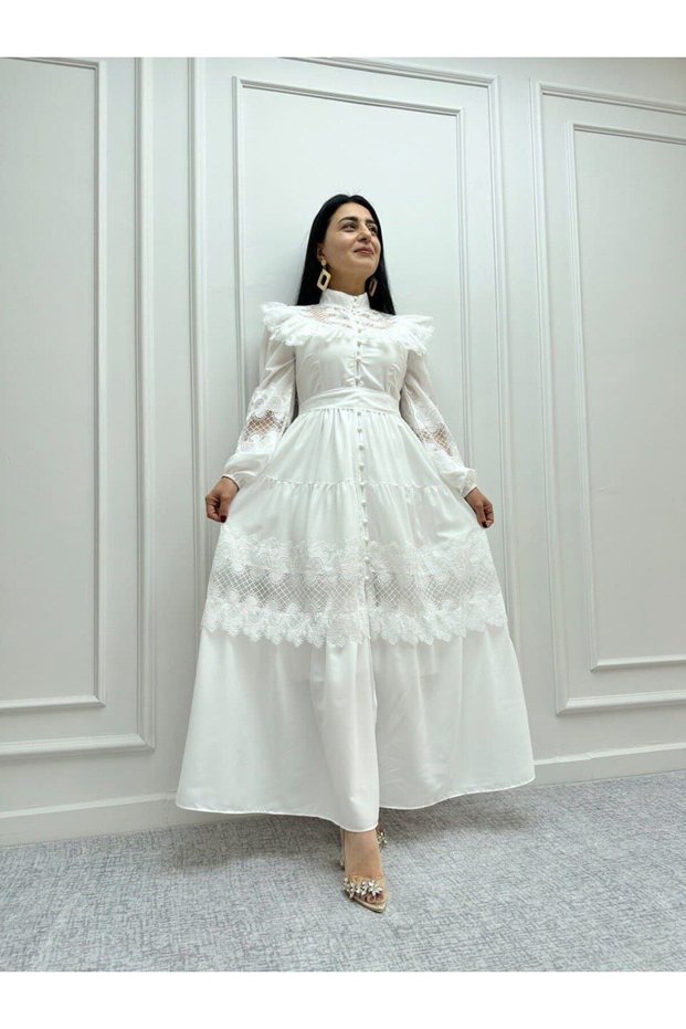 Jenneyfer Crepe Fabric with Lace & Guipure Detail (Sash Included) - White Nhn01
