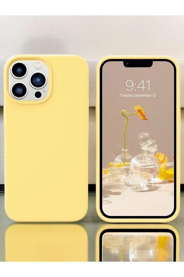 İphone 15 Pro Max Ile Uyumlu Silikon Tam Kaplamalı Yumuşak Kapak Çizilmez Mikrofiber (SARI) - 1