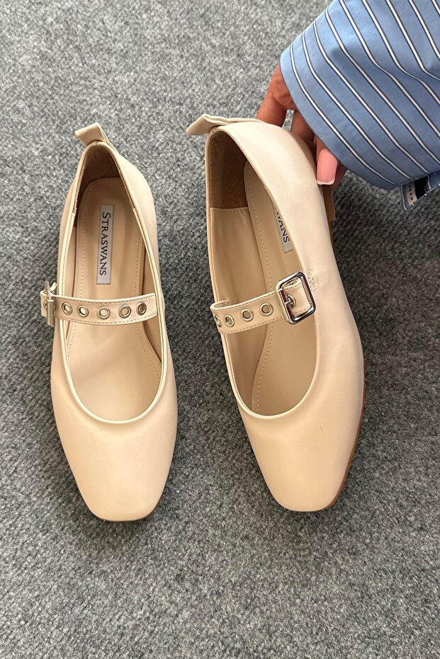 Jules Women's Belt Detail Leather Ballerinas Beige