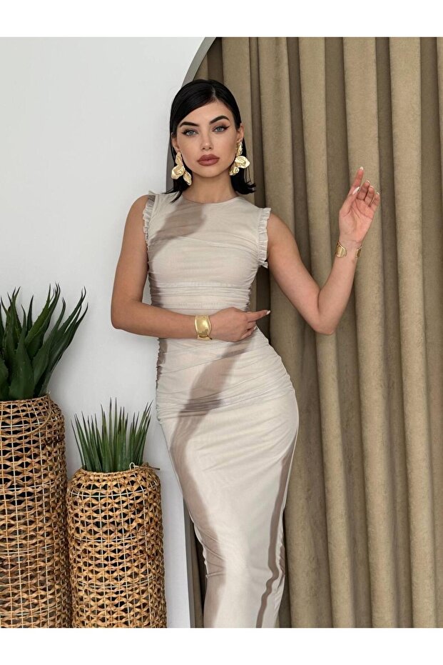 Caramel Streç Midi Elbise - 5