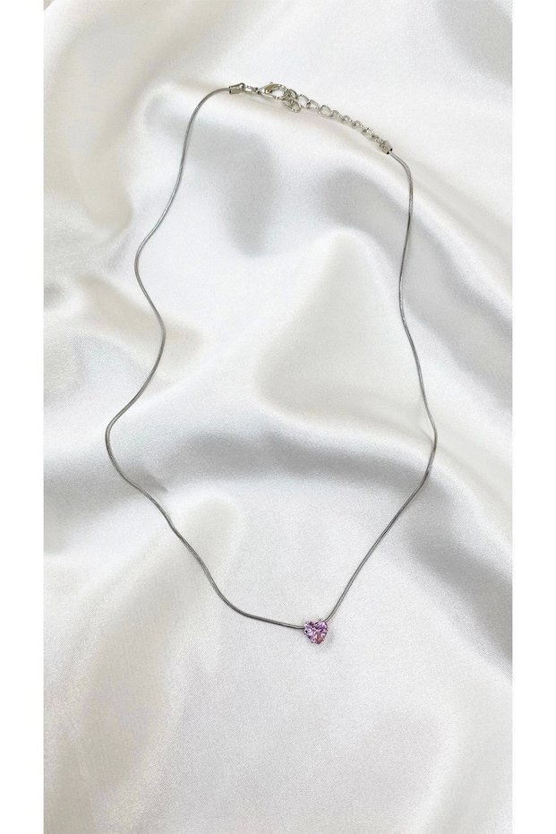 Women's Silver Color Pink Stone Heart Necklace