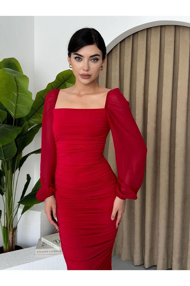 Sildane Drapeli Tül Kol Elbise - 4