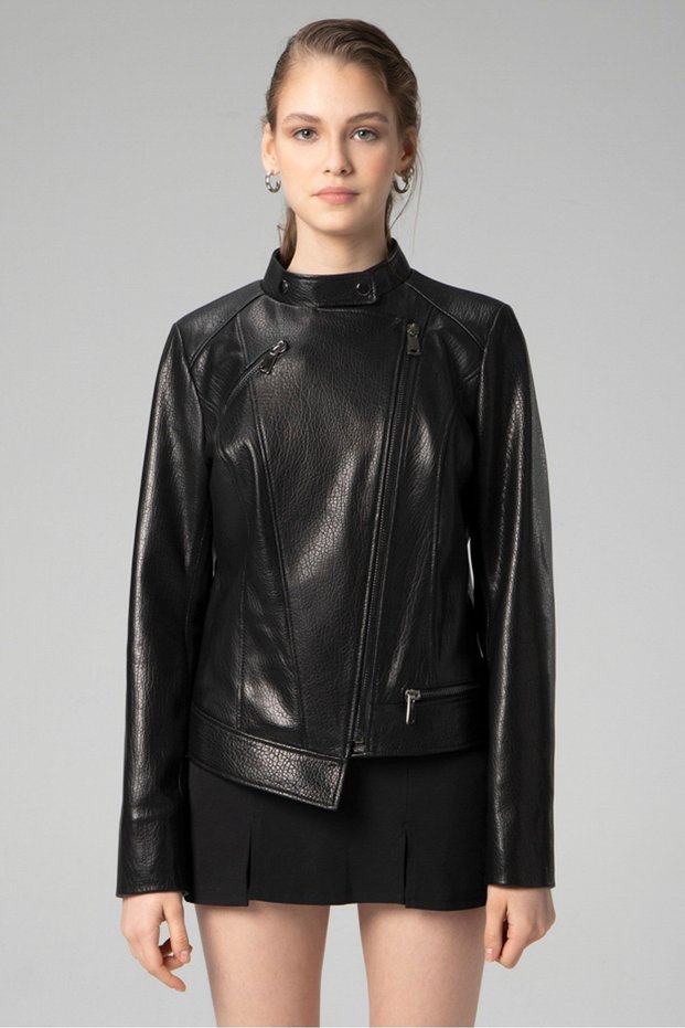 Wm046 Jumbo Real Leather Women's Coat Black