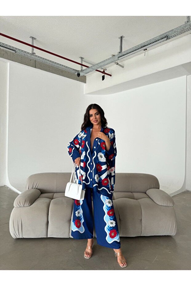 Jessica Imported Fabric Shirt and Trousers 2 Pieces Set - Navy Blue Nhn17