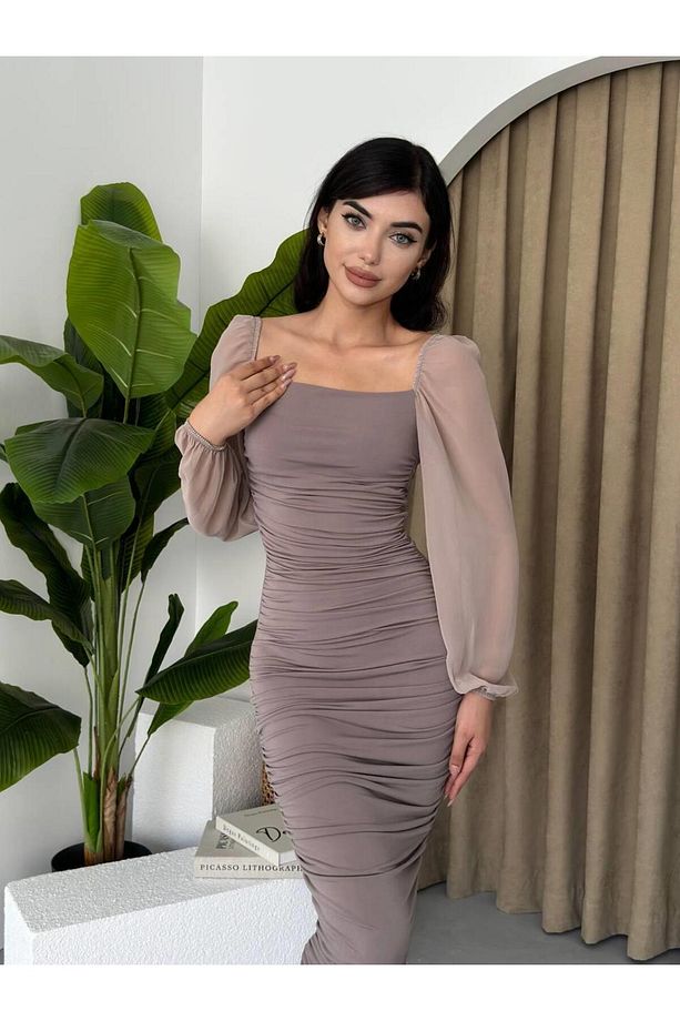 Sildane Drapeli Tül Kol Elbise - 4
