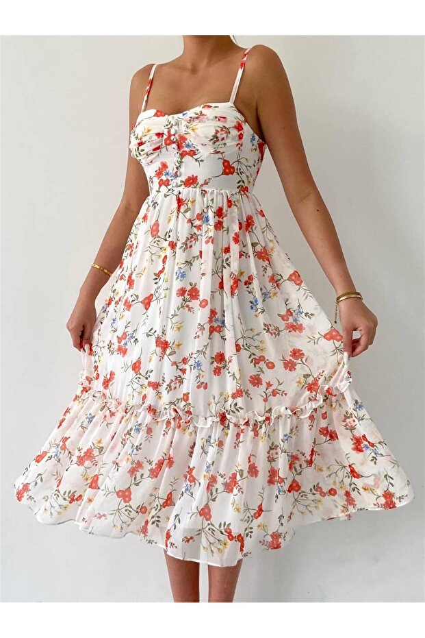 Aden Şifon Midi Askılı Elbise - Pembe - 4