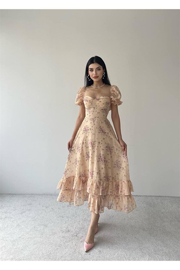 Candy Şifon Elbise Pudra - 4