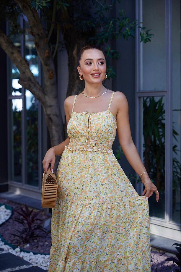 Teressa Askılı Uzun Minik Çiçek Detay Elbise - Sarı - 3