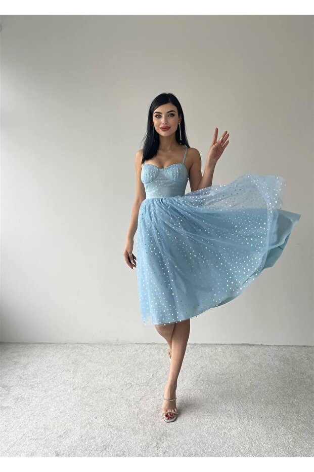 Askılı Edwin Yıldız Elbise - Mavi - 6