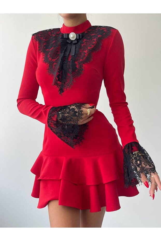 Broş Dantel Selin Mini Elbise - 8
