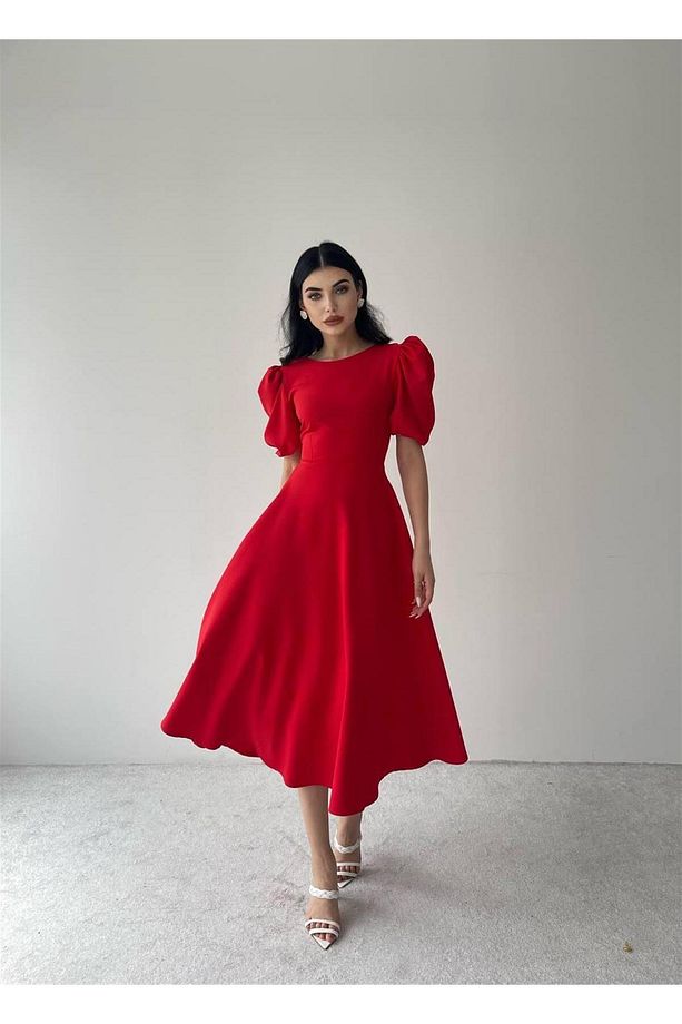 Viki Midi Boy Kloş Elbise- 4414 - Kırmızı - 3