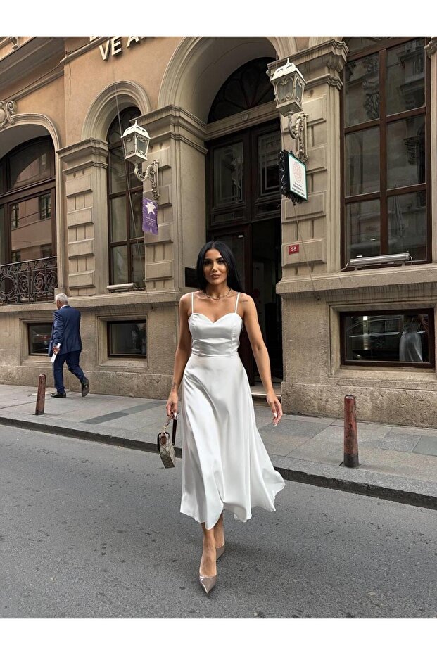 Askılı Asetat Midiboy Elbise - 1