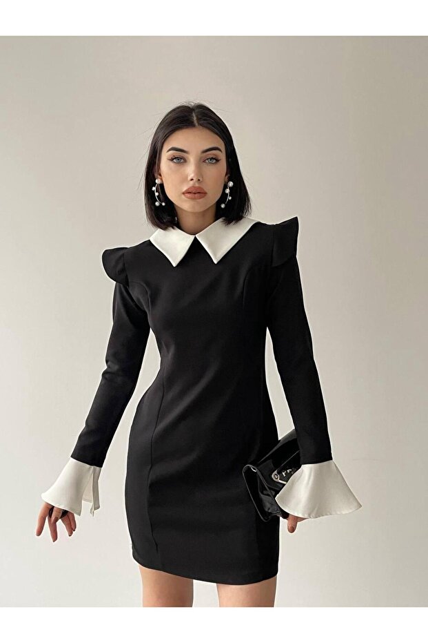 Rochie neagră mini Aysira cu guler ascuțit căptușit - 6