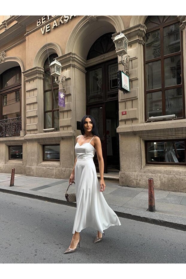 Askılı Asetat Midiboy Elbise - 2