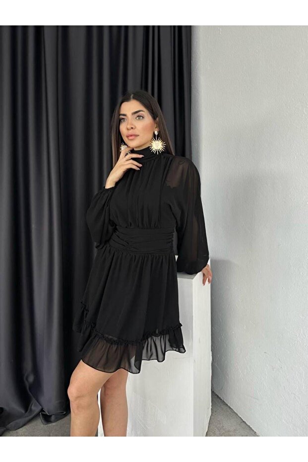 Violetta Mini Şifon Elbise Siyah - 3