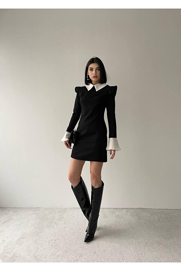 Rochie neagră mini Aysira cu guler ascuțit căptușit - 4