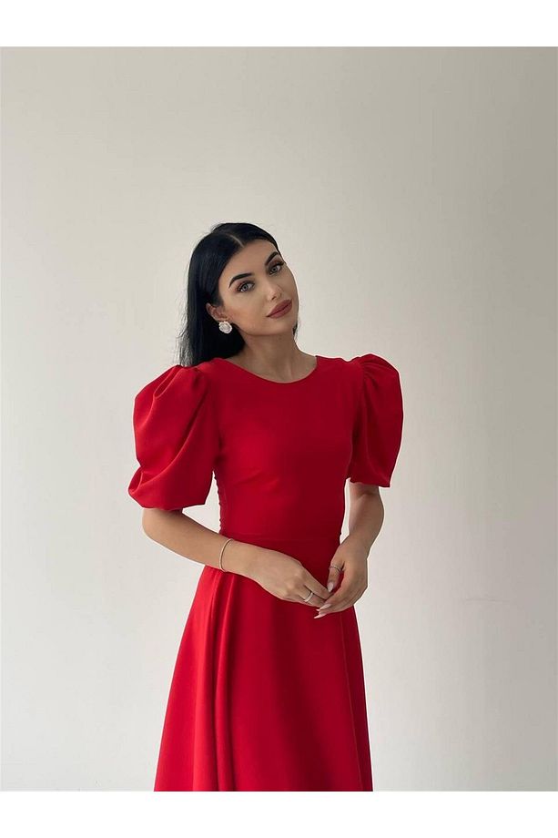 Viki Midi Boy Kloş Elbise- 4414 - Kırmızı - 4