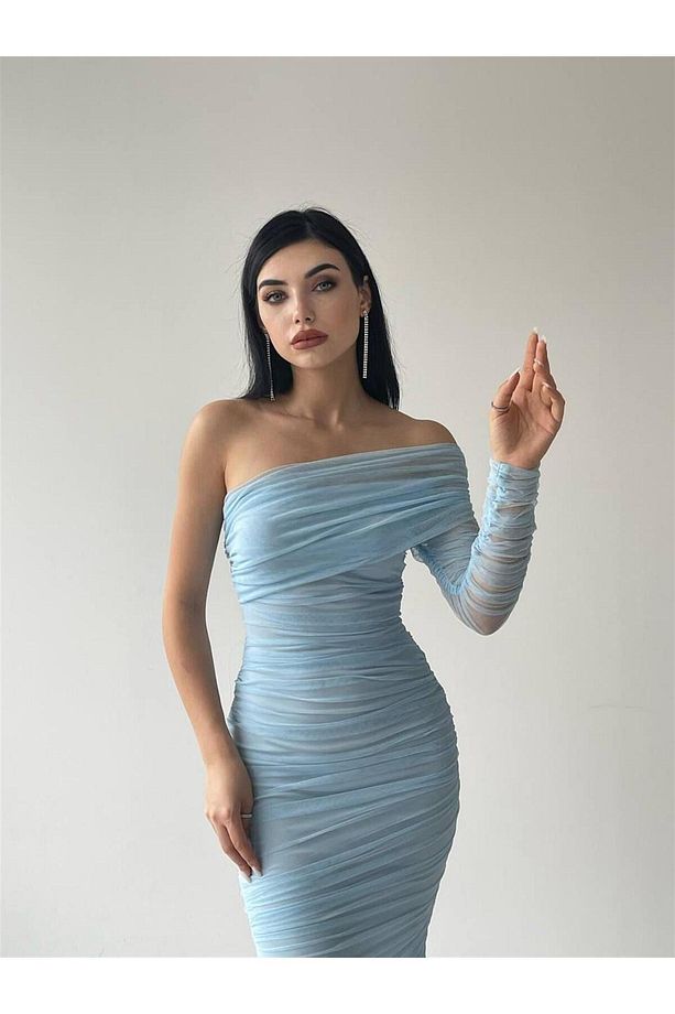 Tek Kol Tül Midi Boy Elbise - 6682 - Bebe Mavi - 6