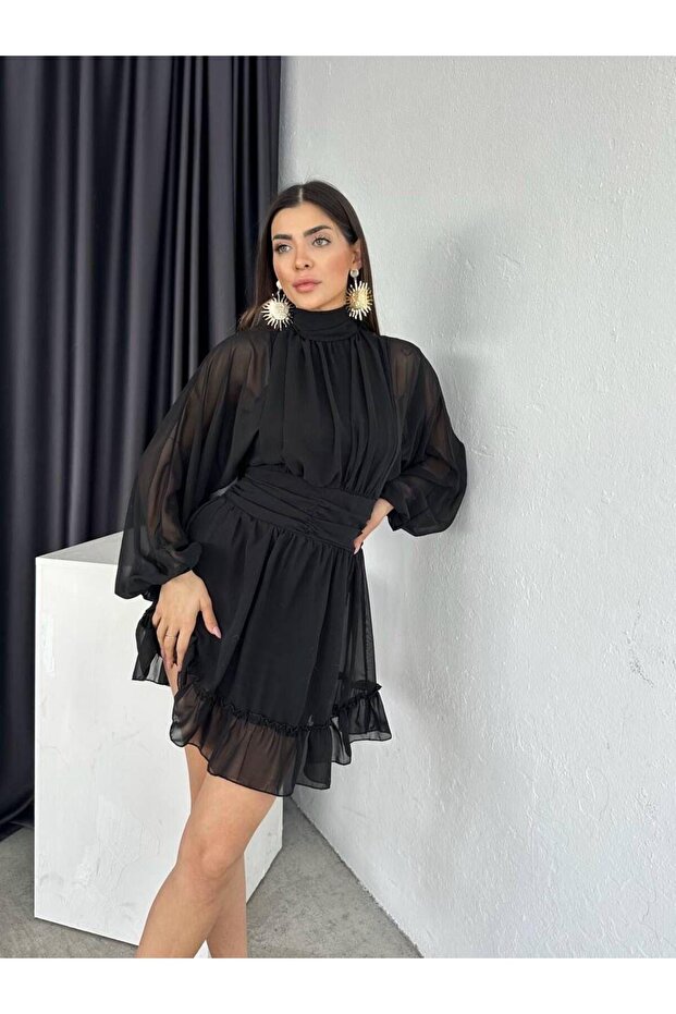 Violetta Mini Şifon Elbise Siyah - 1
