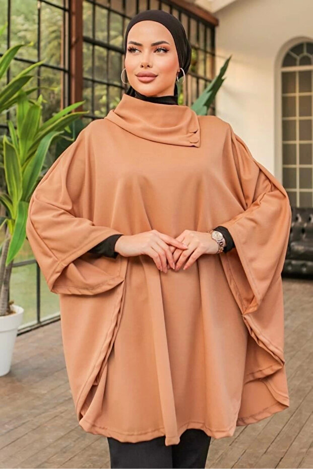 Stylish Design Beige Shawl Collar Poncho with Button Detail