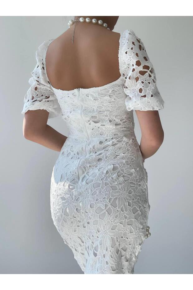 Tasarım Dantel Midi Elbise - 5