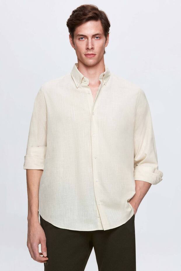 Ds Damat Comfort Beige Button Collar Relaxed Fit Linen Look 100% Cotton Shirt