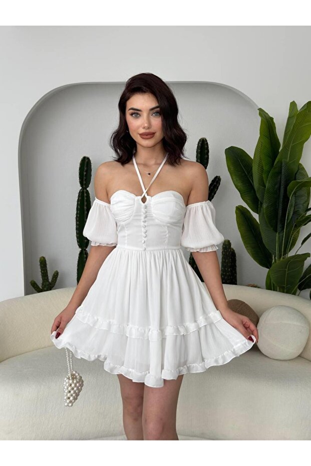 Leydi Düşük Kol Şifon Mini Gloplu Elbise - 8