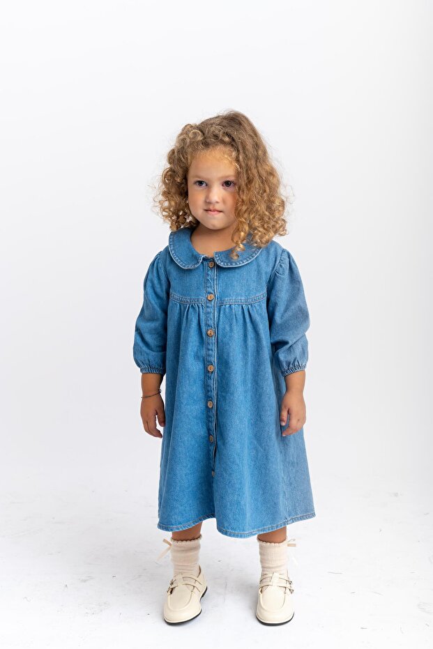 Baby Collar Front Buttoned Girl's Denim Dress Blue