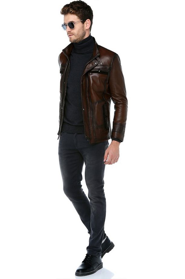E1081 Gerçek Deri Erkek Mont Camel Antik - 2