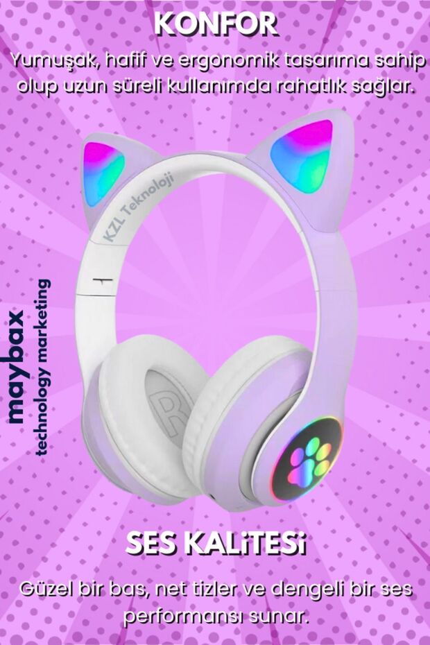 5.0 Vilya Kedi Kulağı Detaylı Bluetooth Kablosuz Kulaklık Çocuk Oyuncu Yok Yok Yok 2 Yıl Yok Mor - 3