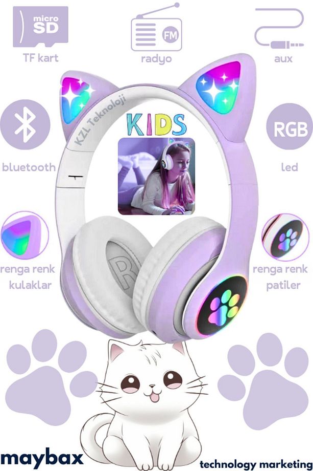 5.0 Vilya Kedi Kulağı Detaylı Bluetooth Kablosuz Kulaklık Çocuk Oyuncu Yok Yok Yok 2 Yıl Yok Mor - 1